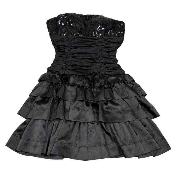 B Tru Womens Size S Black Satin Ruffle Mini Dress - Picture 1 of 6